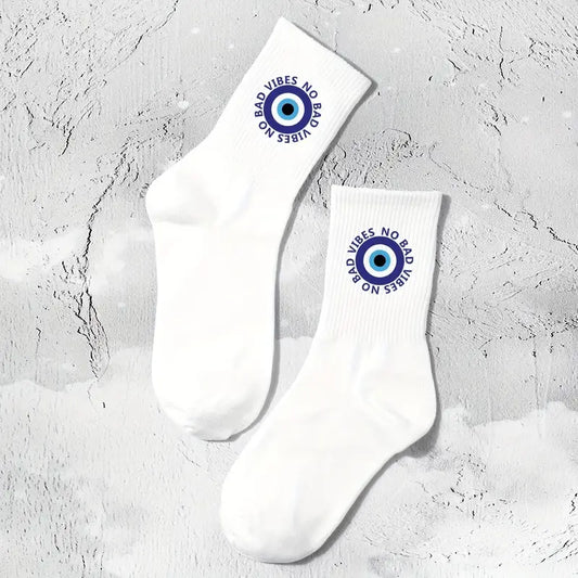 Gothic Letter Eye Graphic Socks, Stylish & Breathable Unisex Mid Tube Socks, Women's Stockings & Hosiery - For Fall & Winter