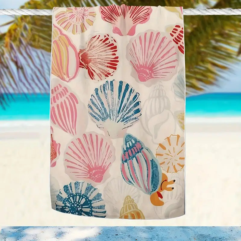 1pc Shell Pattern Printed Beach Towel, High Quality Large Bath Towel Thickened Microfiber Towel, Summer Beach Towel, Grass Pad, Yoga Pad, Suitable For Swimming Pool, Camping, Travel