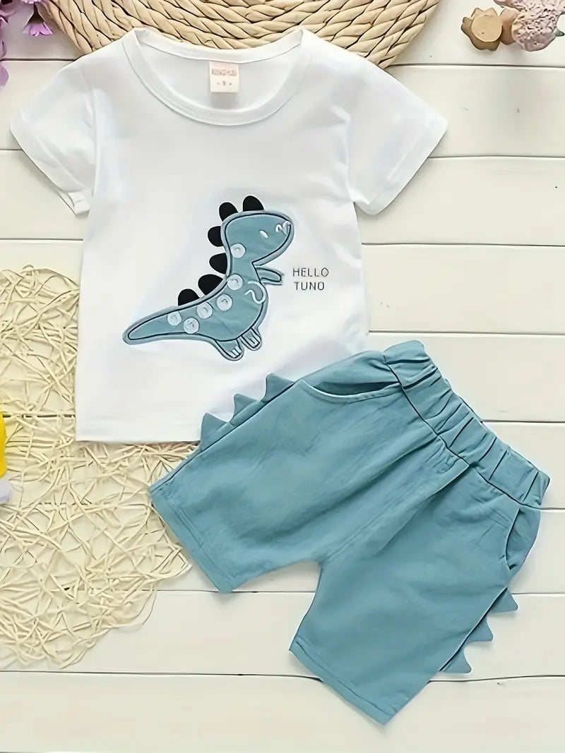 2-Piece Baby Boys Dinosaur Print Outfit, Casual Summer T-Shirt And Shorts Set, Comfortable Cotton Kid's Clothing