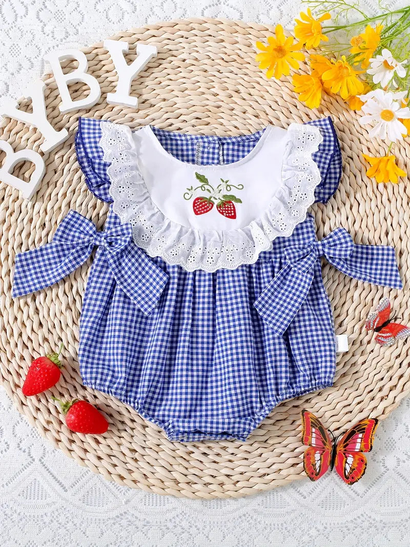 Strawberry Embroidered Bowknot Onesie - Plaid Ruffle Trim - Perfect for Everyday and Special Occasions