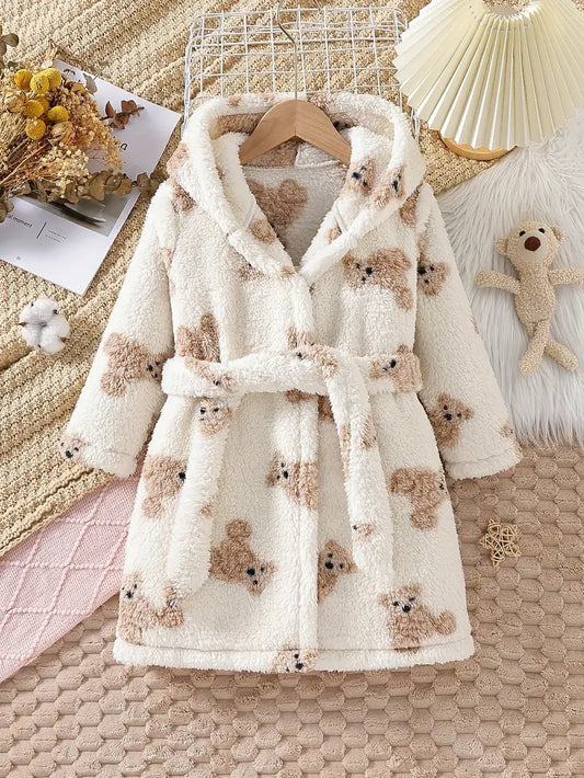 Toddler Kids Winter Hooded Cartoon Bear Robe Warm Plush Long Bathrobe