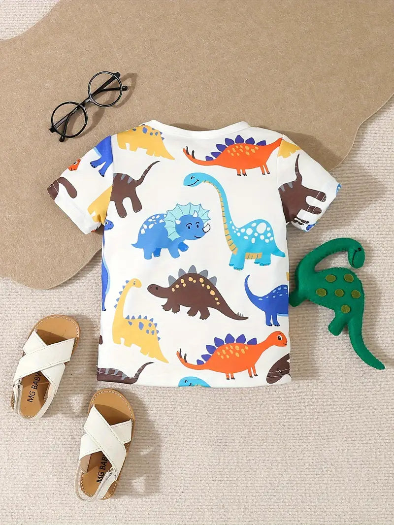 Baby Boys Cartoon Dinosaur Print Cute Short Sleeve T-shirt Crew Neck Versatile Summer Tee Tops