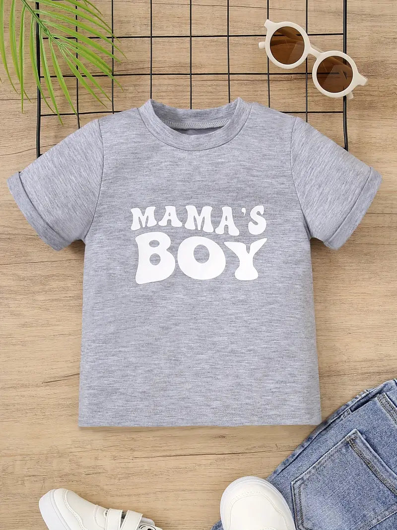 "Mama's Boy" Print T-shirt For Infants & Toddlers, Trendy Cuffed Short Sleeve Top, Baby Boy's Clothing