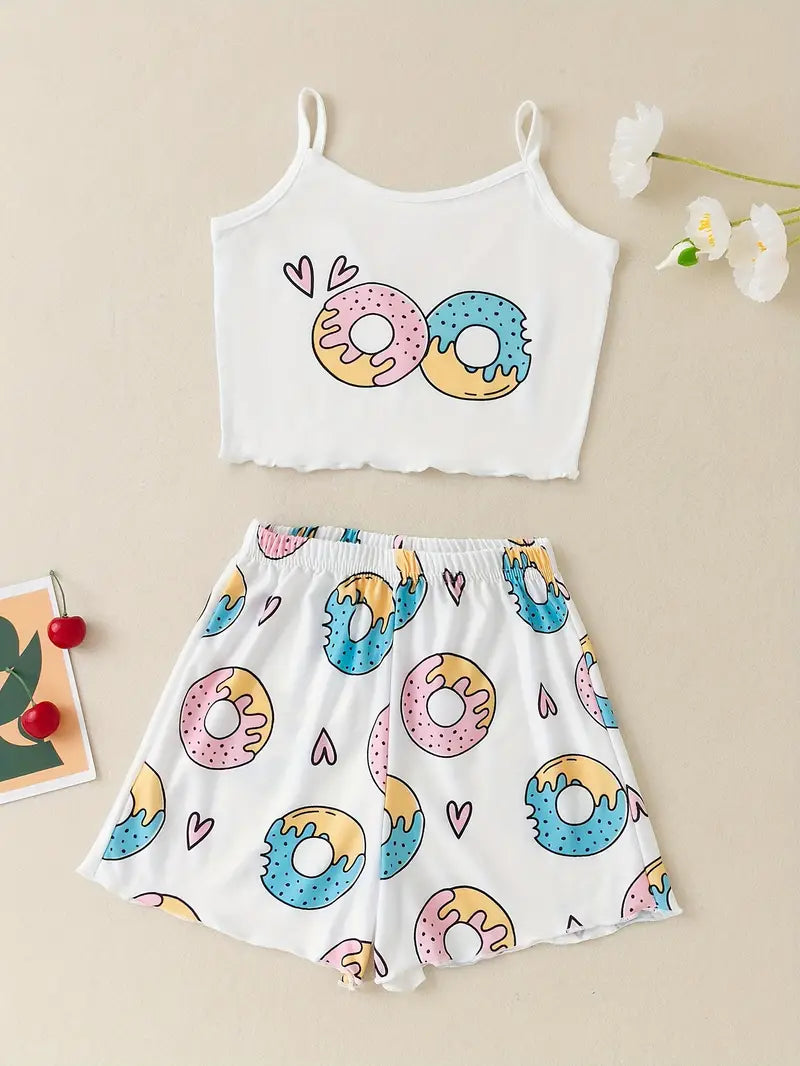 2 Pcs Girls Cute Sets, Donut Print Camis & Shorts, Comfortable & Cute Style Princess Set For Girls