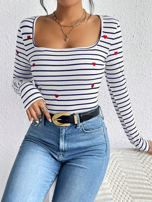 Striped Heart Embroidered T-shirt, Casual Long Sleeve Square Neck Top, Women's Clothing