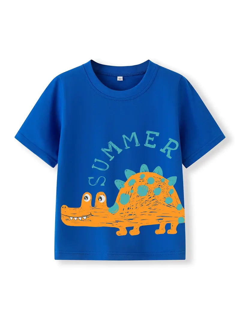 Baby Boys Summer Pure Cotton T-Shirt, Cute Style With Cartoon Dinosaur Print, Soft And Breathable Fabric, Short Sleeves, Round Neck, Toddler Tops