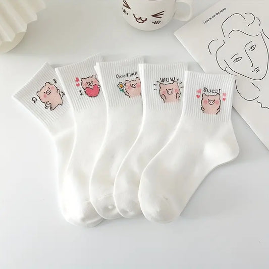 Mixed Color Five Pairs Of Mid-calf Socks With Pig Expressions