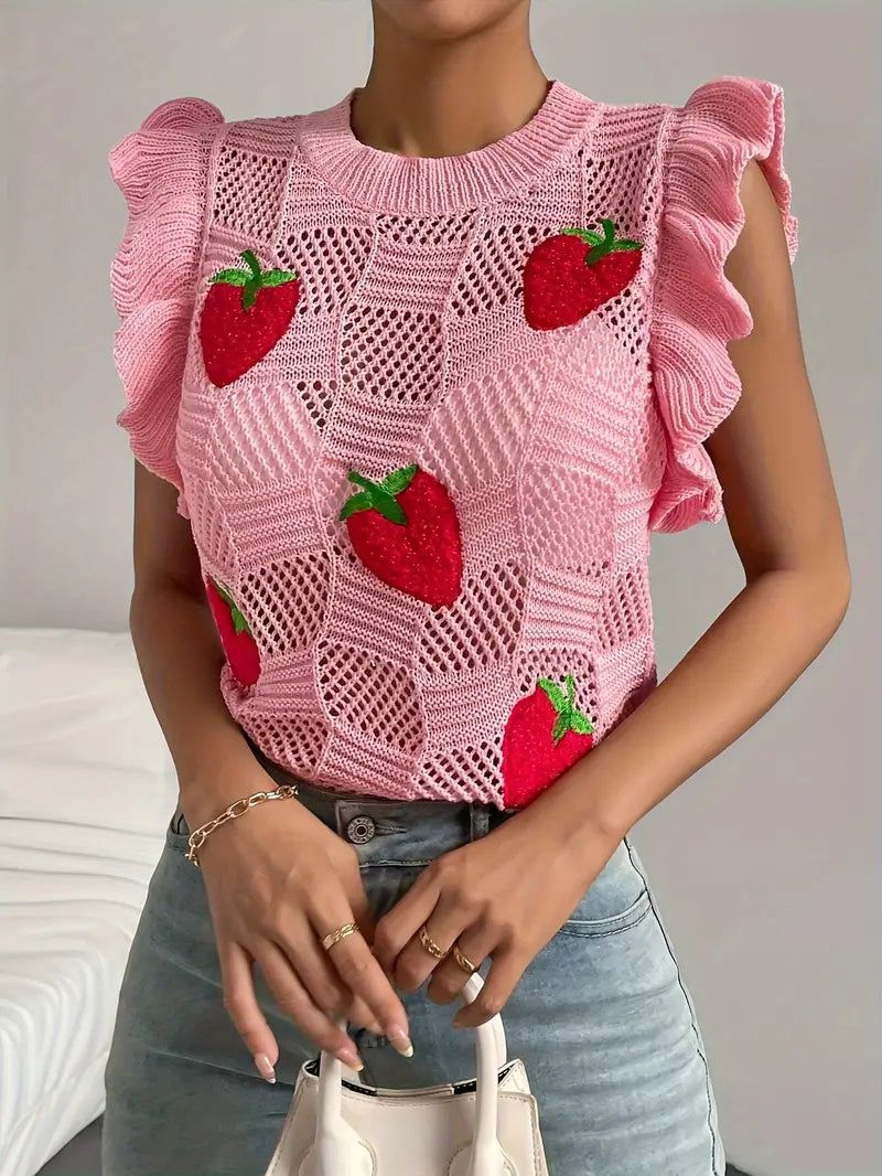 Strawberry Pattern Crew Neck Knitted Vest, Elegant Ruffle Trim Open Knit Sweater Vest For Spring & Fall, Women's Clothing