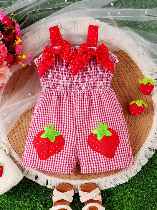 Baby's Lovely Strawberry Embroidered Shirred Bodysuit, Trendy Bowknot Decor Gingham Sleeveless Romper, Toddler & Infant Girl's Onesie For Summer, As Gift