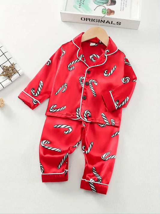 2 Pcs Girls Christmas Color Silky Long-sleeves & Pants Pajama Set, Comfortable & Skin-friendly Style Princess Pajamas For Girls Cozy Loungewear