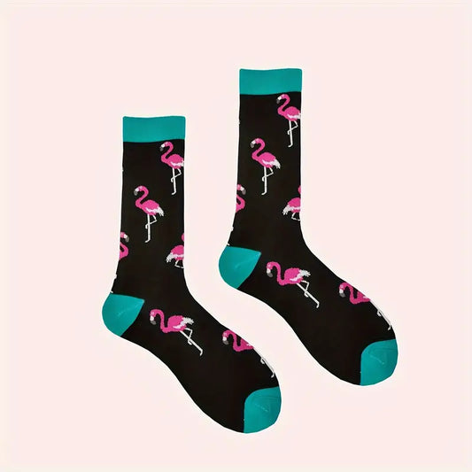 1pair Cartoon Flamingo Casual Novelty Crew Socks, Men's Socks