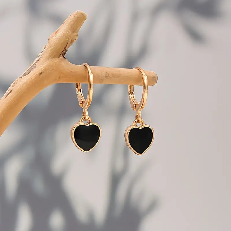 Black Enamel Heart Design Dangle Earrings Elegant Simple Style Alloy Jewelry Trendy Gift For Lovers