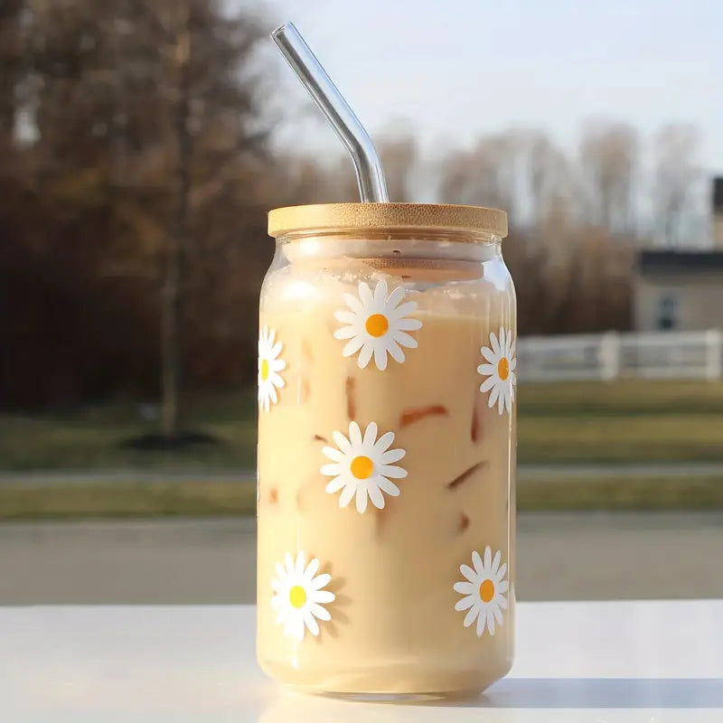 1pc, Daisy Pattern Drinking Glass With Lid And Straw, 16.9oz Can Shaped Water Cup, Cute Flower Iced Coffee Cup, For Beer, Juice, Milk, Birthday Gifts, Summer Drinkware