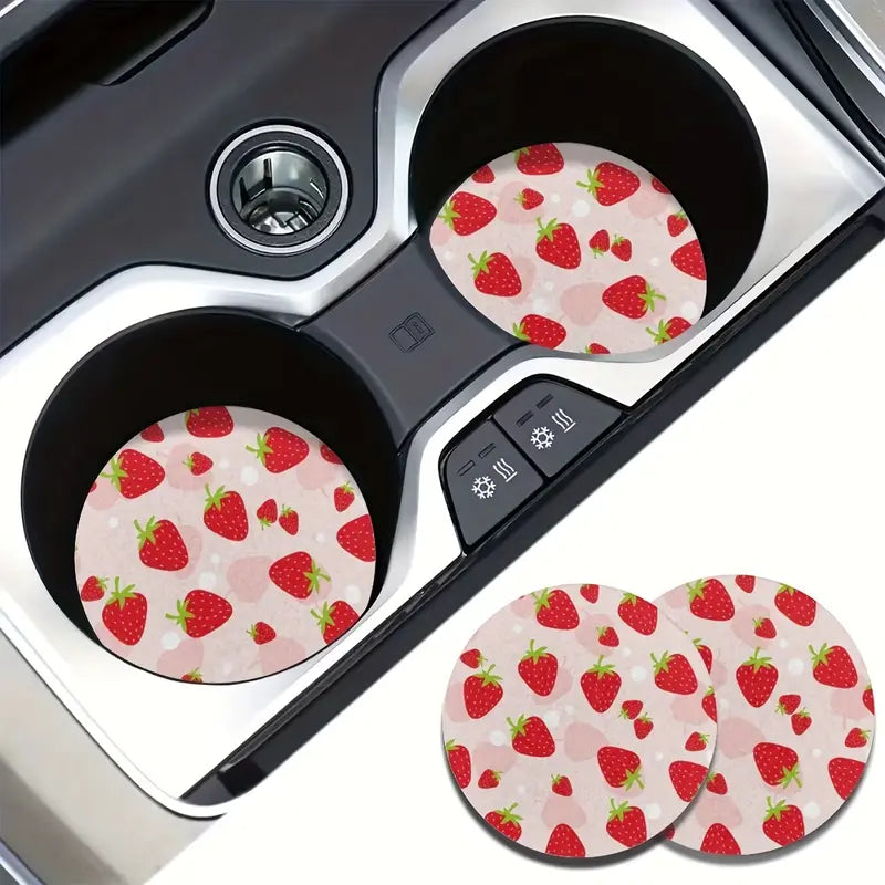 2pcs Pink Strawberry Pattern Water Absorbable Car Cup Holder Coasters - Car Interior Accessories For Women, Cup Coasters For Car Vehicles & Home Desk