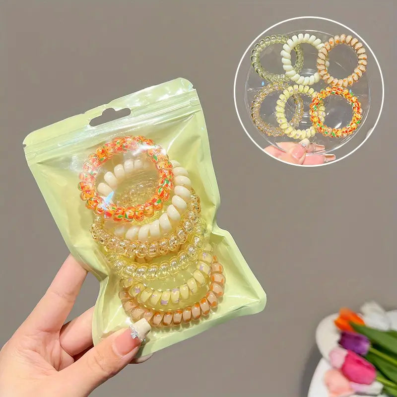 6pcs Candy Color Flower Print Spiral Hair Tie Jelly Color Hair Rope Waterproof Sweet Ponytail Holder Hair Accessories Women