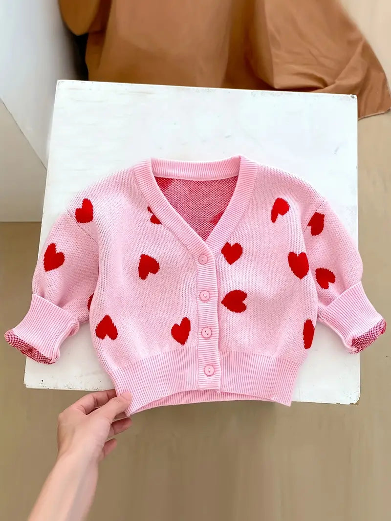 Baby Girl Hearts Pattern 100% Cotton Crew Neck Knit Cardigan Infant & Toddler Fall Spring 1pc Sweater