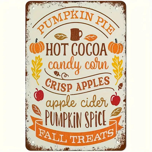 Vintage Autumn Treats Metal Tin Sign - Rustic Wall Hanging Decor for Home & Coffee Shop, Fall Season Pumpkin Spice & Apple Cider Theme - Multipurpose, Easy Mount, Durable, No Electricity Needed, 20.32x30.48 cm