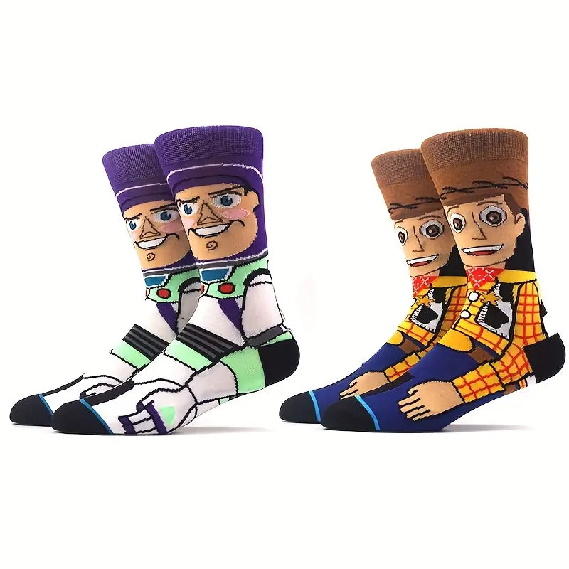 2 Pairs Of Men's Trendy Cartoon Character Pattern Crew Socks, Breathable Comfy Casual Unisex Socks For Outdoor Wearing, All Seasons Wearing