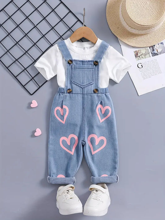 Baby Girls Cute Heart Print Overalls, Comfortable Cotton Overalls For Party Vacation, Spring/Fall