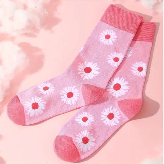 Unisex Daisy Print Socks, Cute & Novelty Mid Tube Socks, Women's Stockings & Hosiery