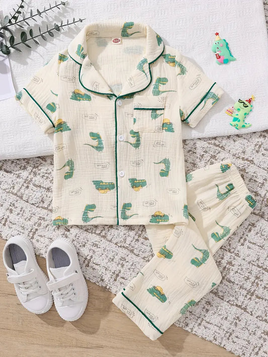 2 Pcs Boy's Cute Little Crocodile Print Cardigan Short Sleeve Shirts & Trousers Pajama Sets, Comfortable & Skin-friendly Style Pajamas For Boy's Cozy Loungewear