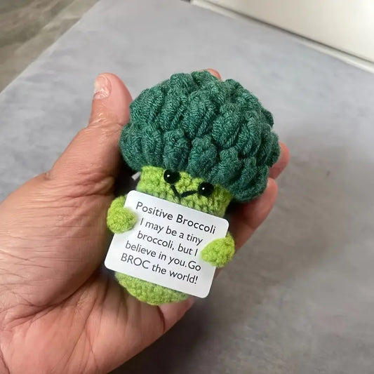 1pc Handmade Yarn Crochet Funny Broccoli Doll With Positive Energy Card, Bag Pendant Ornaments, Holiday Decorations, Tabletop Decorations, Christmas Gifts, Thanksgiving Gifts