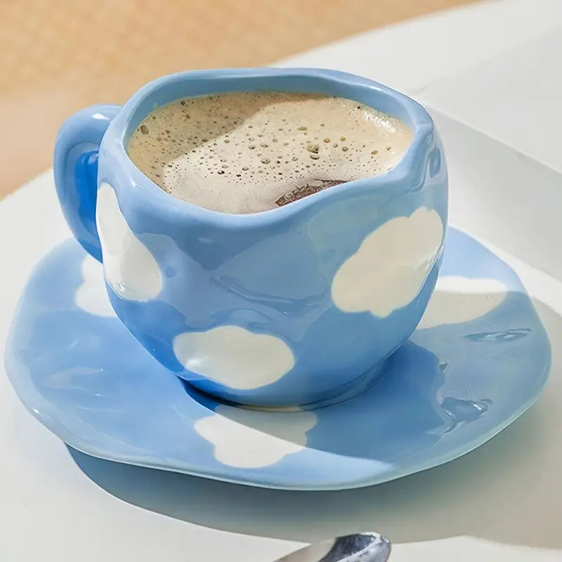 1 Set, Handcrafted Ceramic Cloud Coffee Mug Set, Irregular Shaped Cup With Saucer, Cute And Reusable Multi-Purpose Cup, Ideal For Home, Office, Household Gadgets