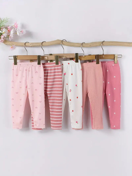 5pcs Baby's Casual Ribbed Pants, Solid Color/Stripe/Rainbow/Flower/Strawberry Cherry Pattern Elastic Waist Trousers, Toddler & Infant Girl's Clothing