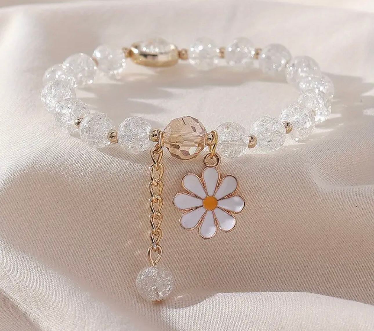 Summer Style Cracked Glass Beaded Daisy Pendant Bracelet Elastic Hand String For Women