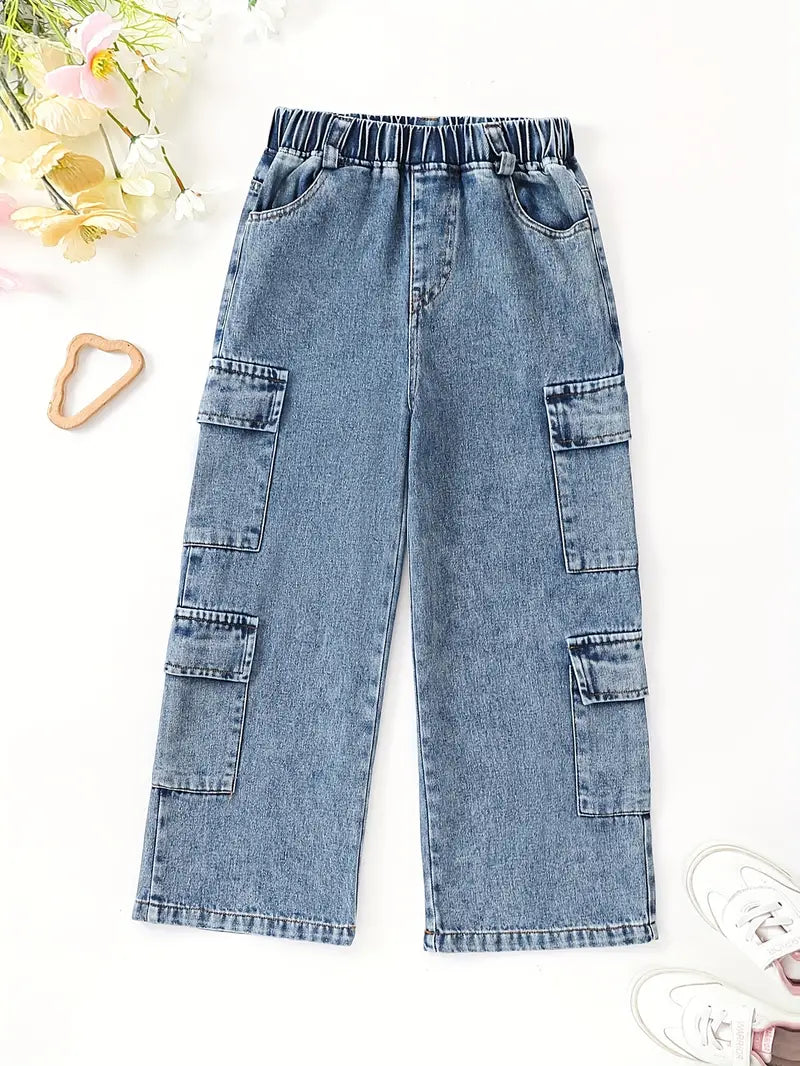 Young Girl Cargo Jeans Elastic Waist Trendy Loose Flap Pockets Cargo Trousers