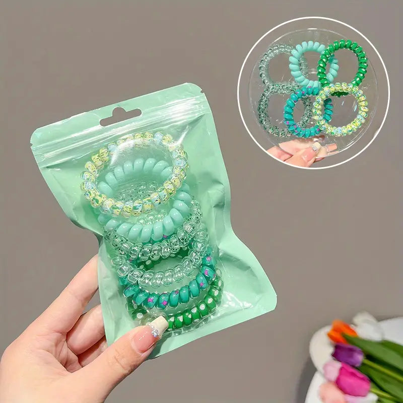 6pcs Candy Color Flower Print Spiral Hair Tie Jelly Color Hair Rope Waterproof Sweet Ponytail Holder Hair Accessories Women