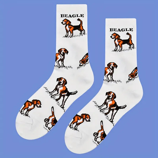 1 Pair Of Men's Novelty Cartoon Puppy Pattern Crew Socks, Breathable Cotton Blend Comfy Casual Unisex Socks For Men's Outdoor Wearing All Seasons Wearing