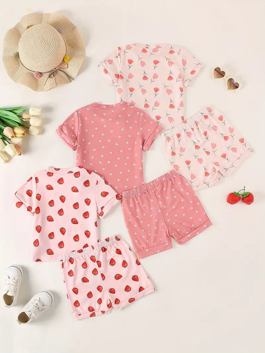 Strawberry Print 3pcs Girls Comfortable Versatile Short Sleeve T-shirt & Shorts Set, Cute, Lightweight And Comfy Summer Clothes