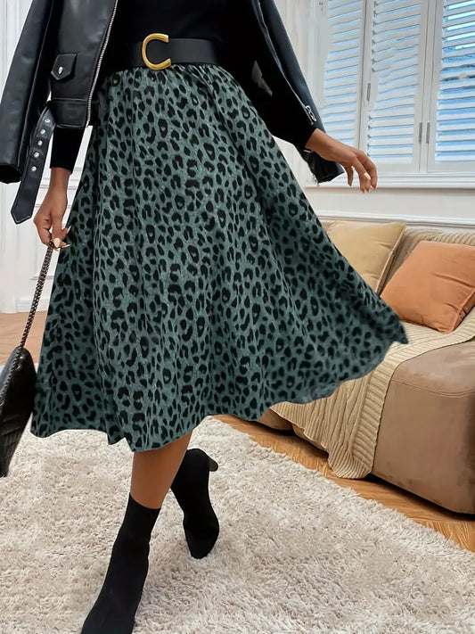 Leopard Print Elastic Waist Skirt - Stretchy Comfortable Fit, High Waist Flattering Silhouette, Classic A-line Style for Casual Occasions - Ideal for Spring and Summer Seasons, Womens Clothing