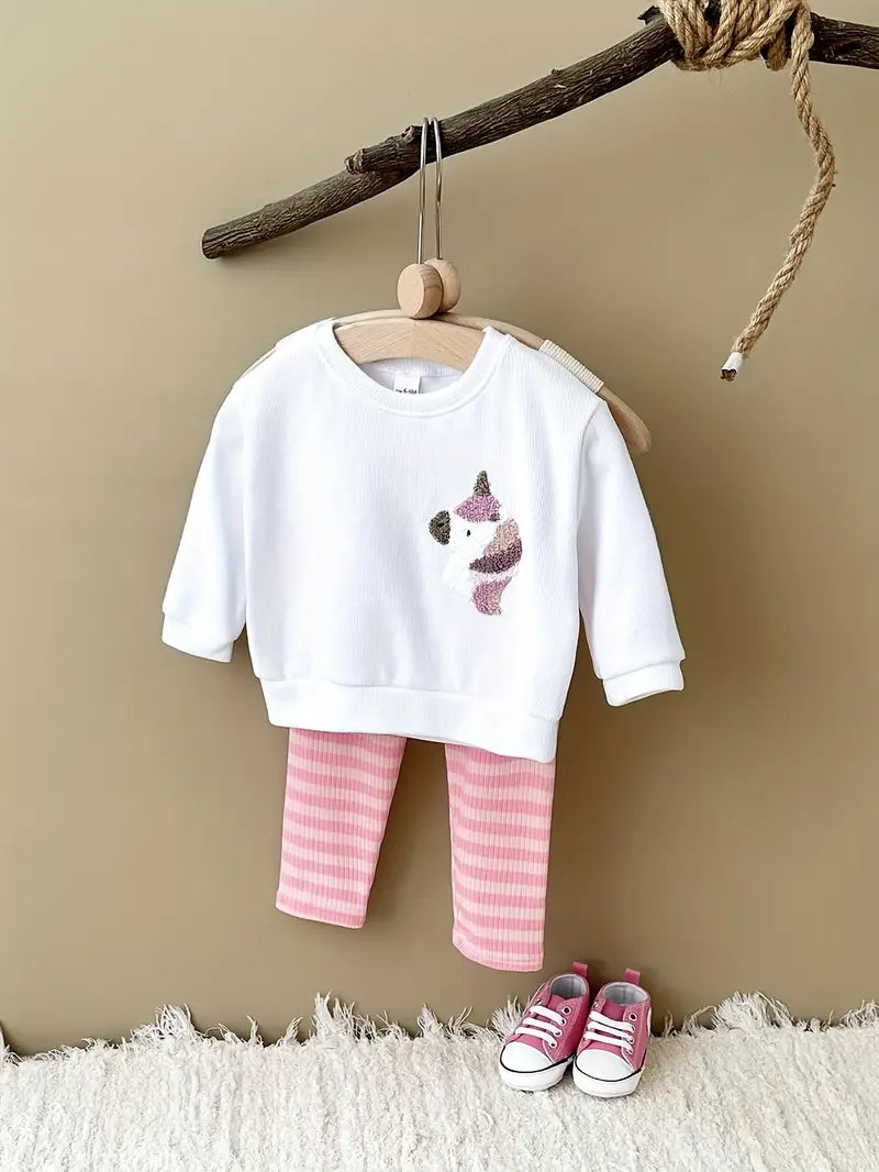 2pcs Baby's Adorable Animal Embroidery Sweatshirt & Casual Stripe Pattern Ribbed Pants, Toddler & Infant Boy's Clothing Set