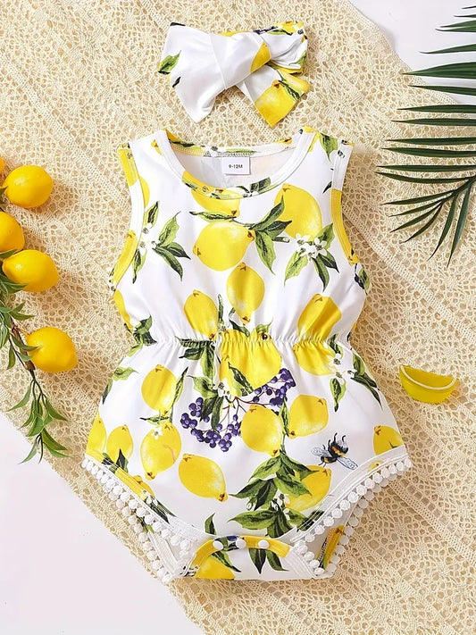 Baby's Cartoon Lemon Pattern Triangle Bodysuit & Hairband, Comfy Sleeveless Romper, Toddler & Infant Girl's Onesie For Summer, As Gift