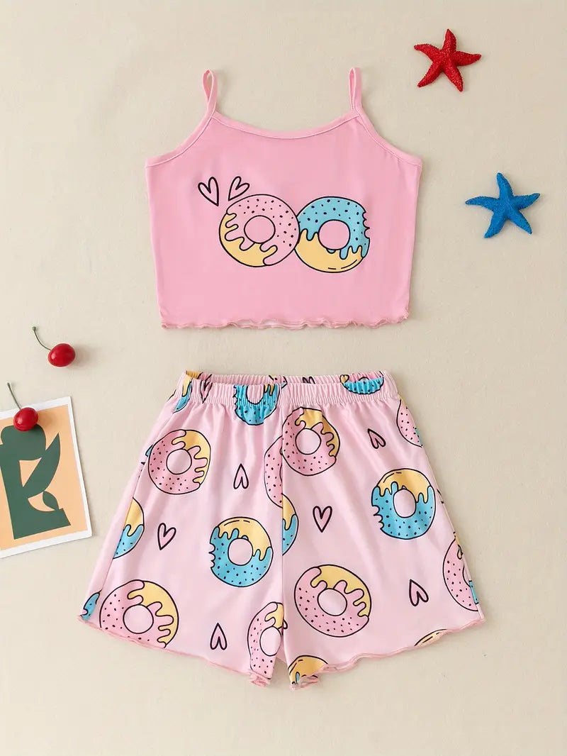 2 Pcs Girls Cute Sets, Donut Print Camis & Shorts, Comfortable & Cute Style Princess Set For Girls