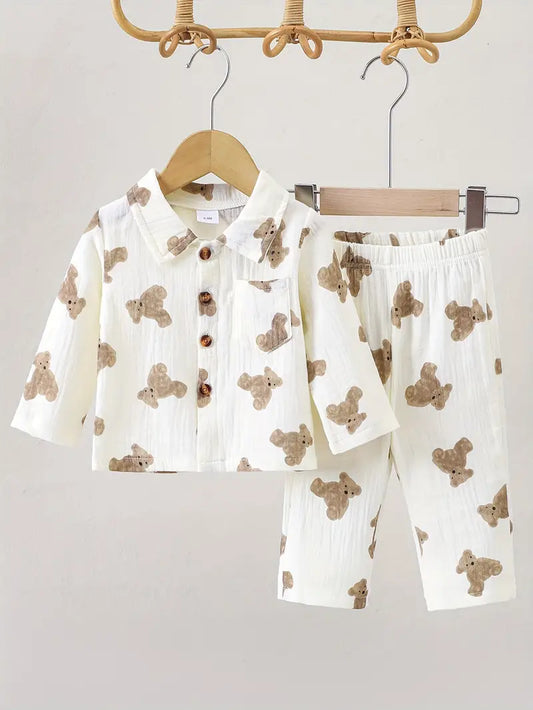 2pcs Baby's Bear Pattern Turndown Collar Cotton Shirt & Casual Comfy Pants, Toddler & Infant Boy's Clothing Set For Spring Fall