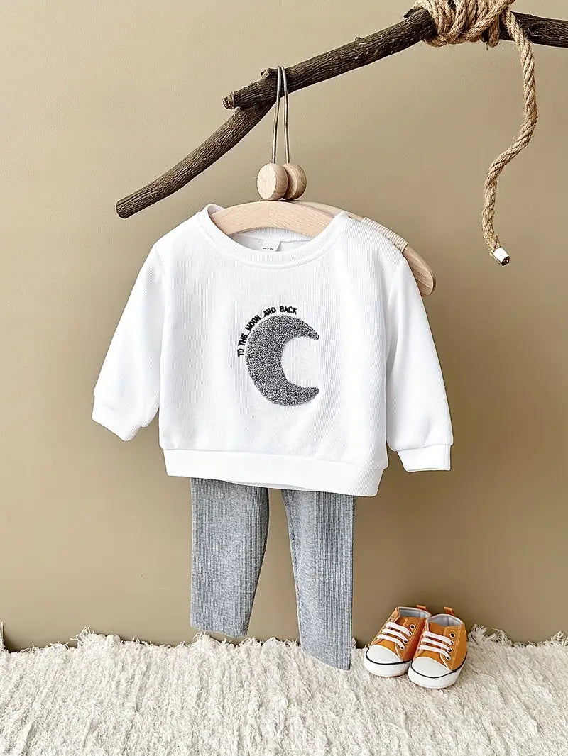 2pcs Baby's Cartoon Moon/Sun Embroidery Sweatshirt & Casual Pants, Toddler & Infant Boy's Clothing Set For Spring Fall