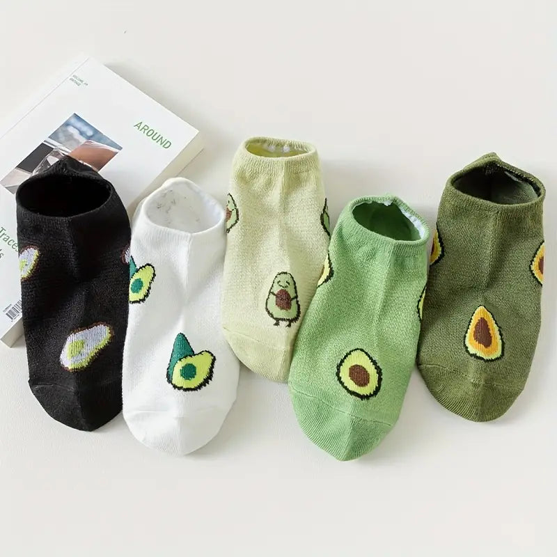 5 Pairs Avocado Print Socks, Soft & Lightweight Low Cut Ankle Socks, Women's Stockings & Hosiery