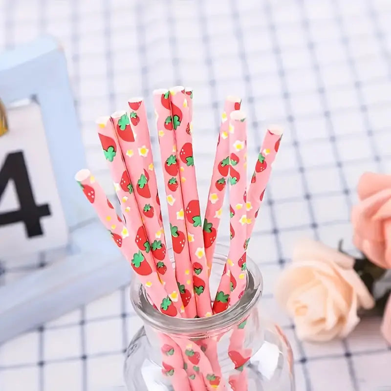 25pcs Pink Strawberry Disposable Drinking Straws For Summer Fruit Parties, Beach Celebrations & Birthday Table Decor Strawberry Party Decorations Strawberry Accessories