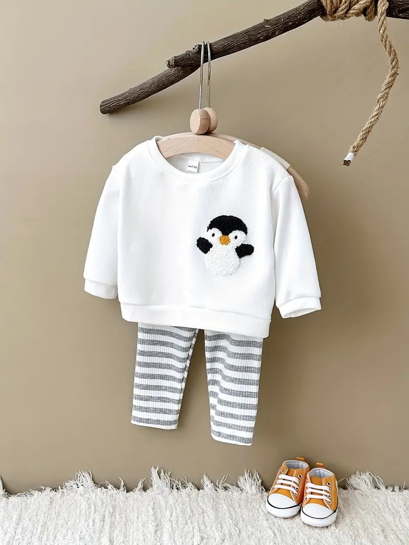 2pcs Baby's Adorable Animal Embroidery Sweatshirt & Casual Stripe Pattern Ribbed Pants, Toddler & Infant Boy's Clothing Set