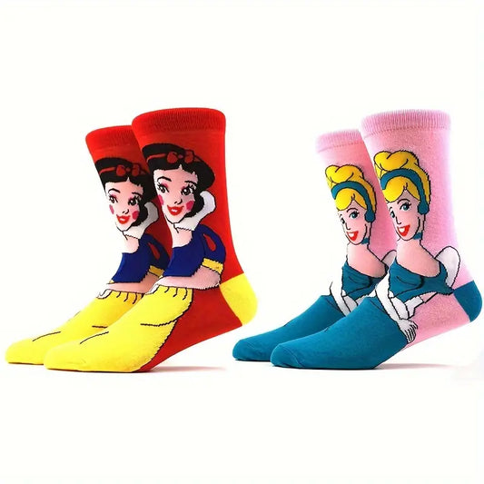 2 Pairs Of Unisex Novelty Cartoon Princess Character Pattern Crew Socks, Cotton Fashion Socks For Men Women All Seasons Wearing