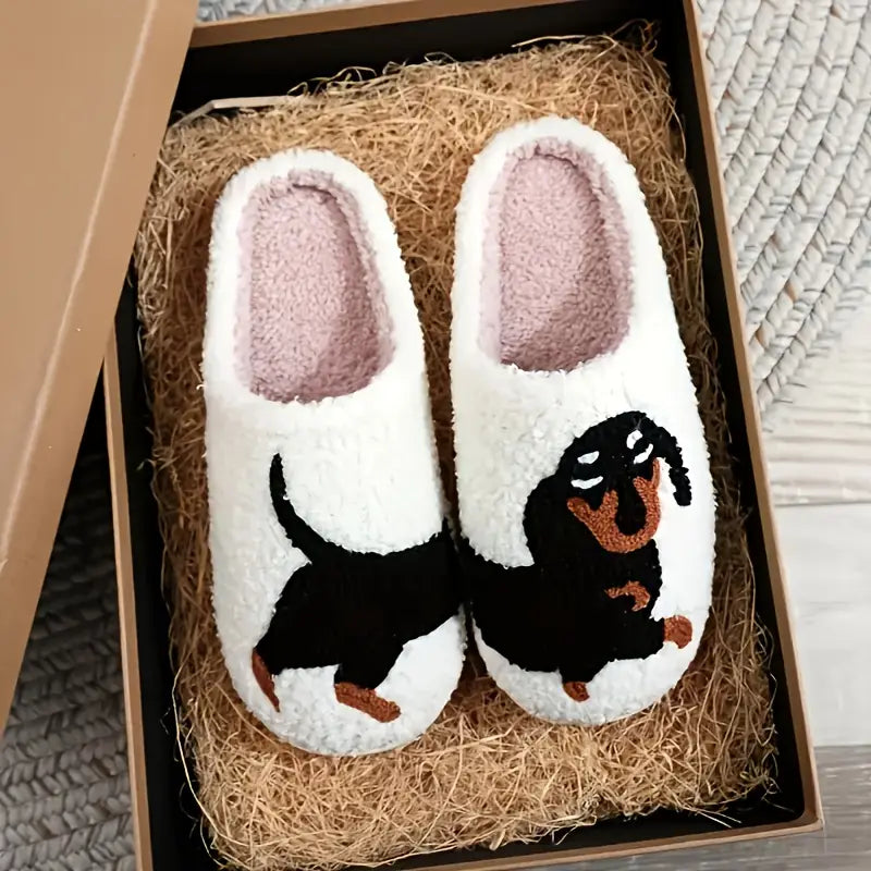 Solid Color Fuzzy Black Dog Pattern Slippers, Comfy Non Slip Thermal Casual Slides, Men's Winter Indoor Footwear