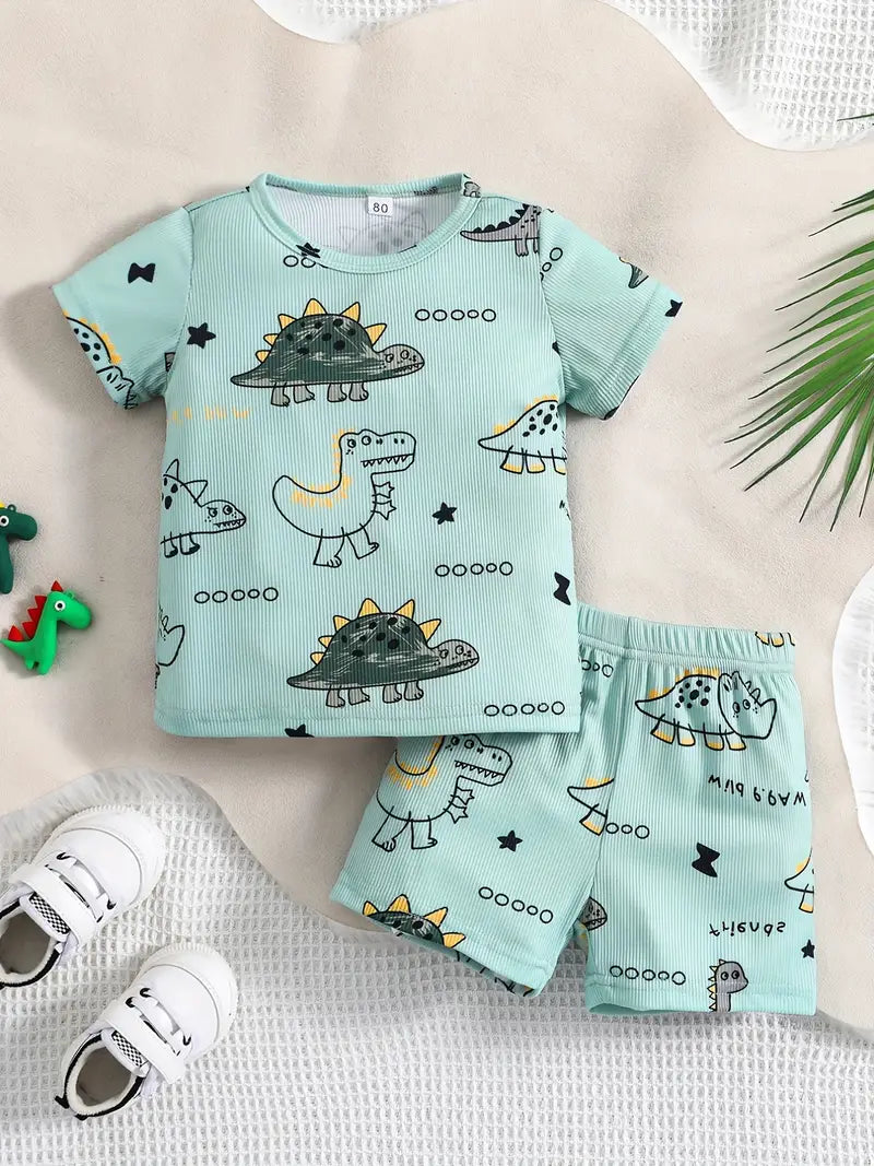 2pcs Baby Boy's Cute Dinosaur Round Neck T-shirt & Shorts Set, Child's Trendy Sweatshirt Two-piece Set