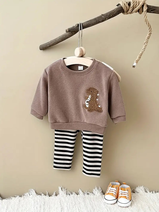 2pcs Baby's Adorable Animal Embroidery Sweatshirt & Casual Stripe Pattern Ribbed Pants, Toddler & Infant Boy's Clothing Set