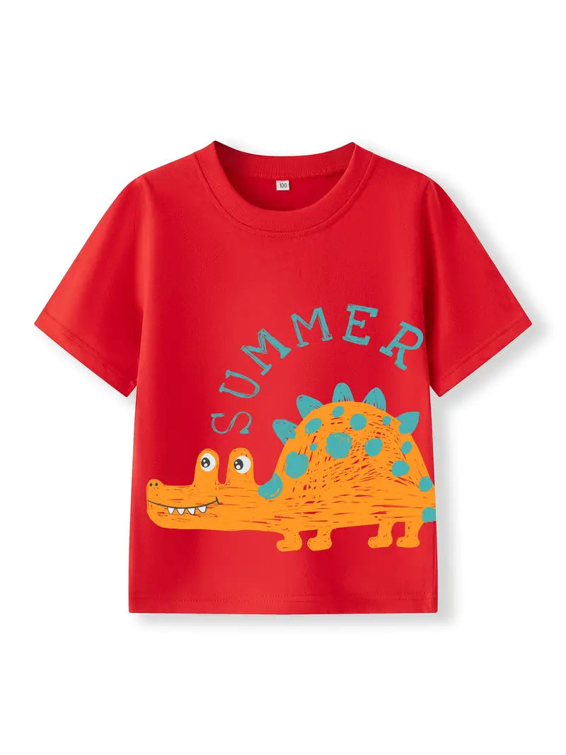 Baby Boys Summer Pure Cotton T-Shirt, Cute Style With Cartoon Dinosaur Print, Soft And Breathable Fabric, Short Sleeves, Round Neck, Toddler Tops