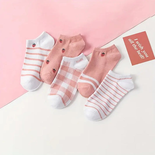 5 Pairs of Super-Cute Cat Print Ankle Socks - Lightweight, Breathable & Fashion-Forward Design with Colorblock Pink - Comfortable Quick-Dry Fabric for Womens Everyday Style - Versatile Stockings & Hosiery