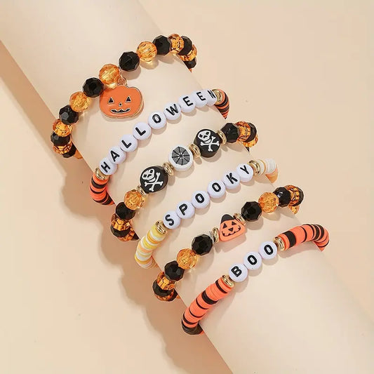 6pcs/Set Halloween Bangle With Pumpkin Skull Charm Acrylic Stretch Bracelet Elastic Layered Soft Pottery Bracelet