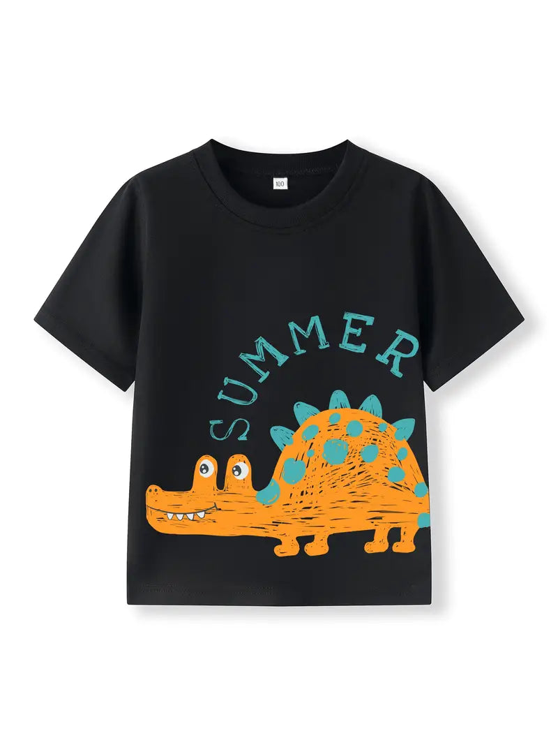 Baby Boys Summer Pure Cotton T-Shirt, Cute Style With Cartoon Dinosaur Print, Soft And Breathable Fabric, Short Sleeves, Round Neck, Toddler Tops